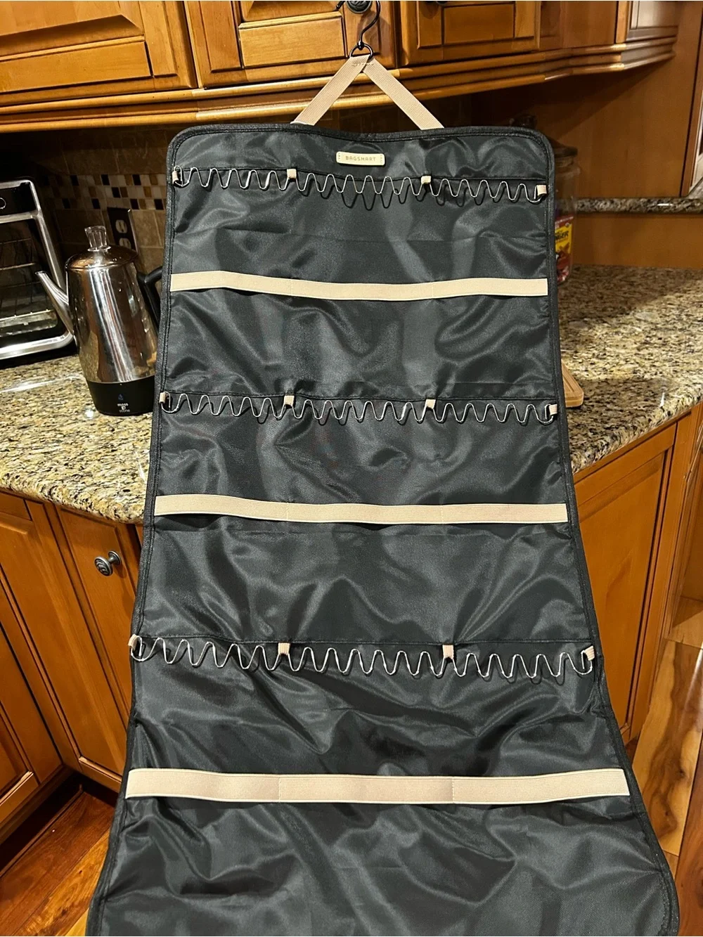BAGSMART Hanging Jewelry Organizer with Pockets and Hook - Black & Beige
